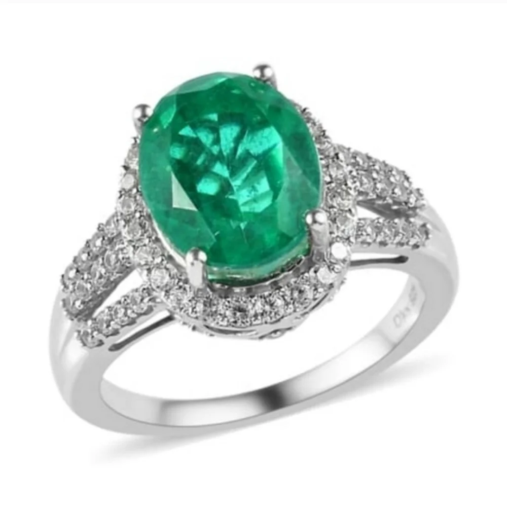 Emeraldine Quartz (Triplet) With Natural White Zircon Accented Triple Shank Ring